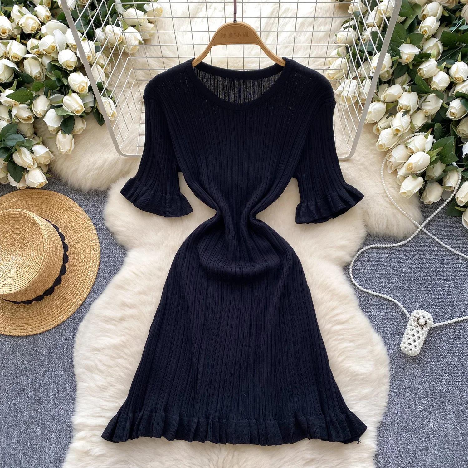 

Элегантный О-образный вырез с короткими рукавами, шикарный винтажный вязаный свитер с оборками, облегающее мини-платье, женская летняя эластичная одежда One Size чёрный