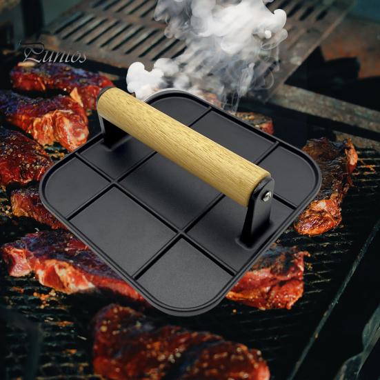 Meat Press Heat-resistant Ergonomic Wooden Handle Food-grade Cast Iron Round Burger Press Kitchen Tool Meat Press Plate
