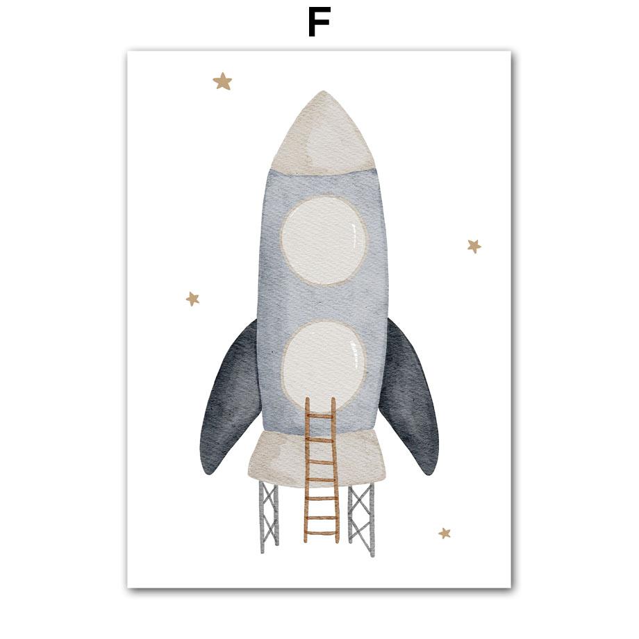 Boho Space Rocket Bear Panda Mouse Nursery Posters Cartoon Wall Art Print Canvas Painting Baby Kids Room Home Decoration Picture