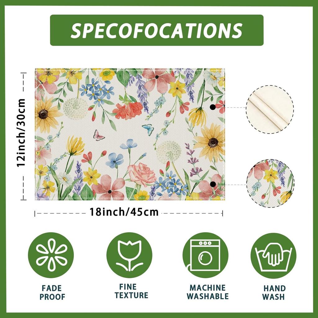Watercolor Wildflowers Spring Placemats Set of 6 Summer Table Mats for Party Home Kitchen Dining Table Decorations 12x18 Inch