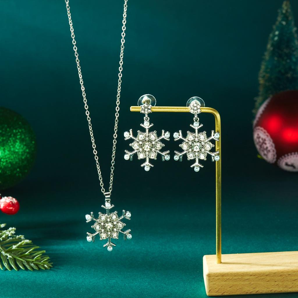 Christmas Colorful Rhinestone Imitation Pearl Snowflake Necklace Earring Set For Women Men Xmas Jewelry Set Holiday Party Gift