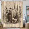 1pc Rustic Bear Shower Curtain Featuring Majestic Bear and Cub Forest Landscape Vintage Nature Bathroom Decor Polyester Fabric