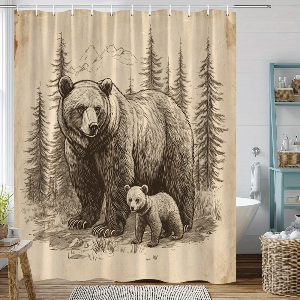 1pc Rustic Bear Shower Curtain Featuring Majestic Bear and Cub Forest Landscape Vintage Nature Bathroom Decor Polyester Fabric