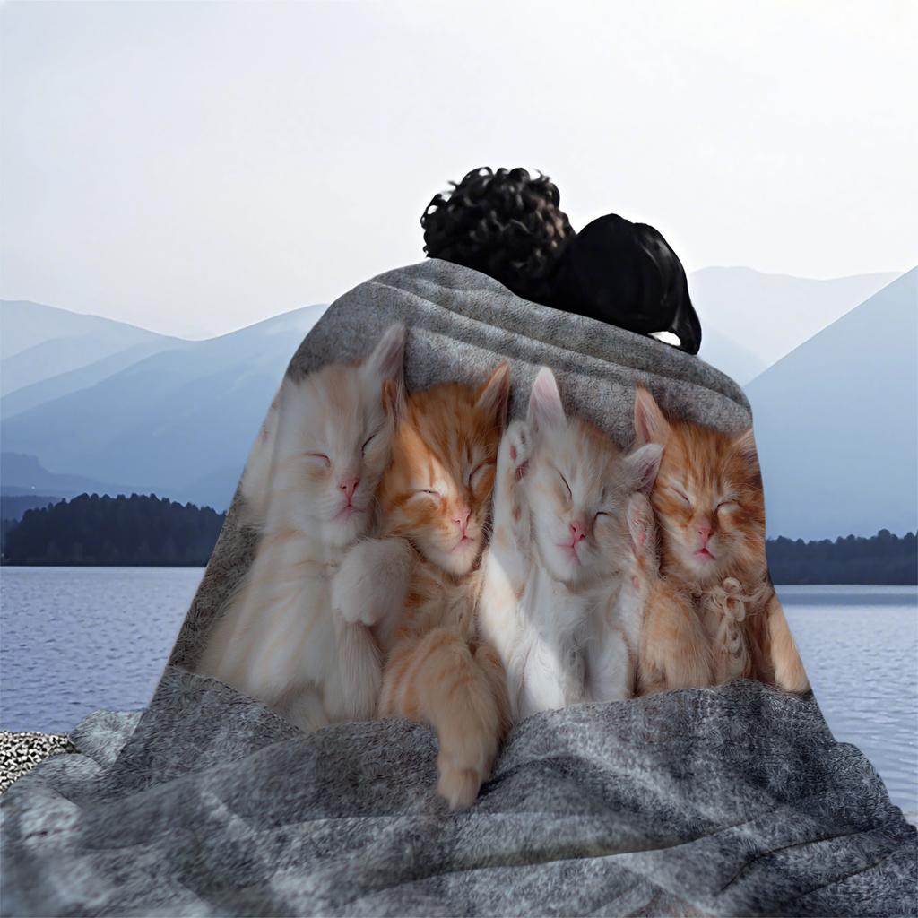 1PC Healing Cat Cuddling Print Fleece Throw Blanket for Adult Quality Super Soft Warm Universal Blanket for Travel Office Home