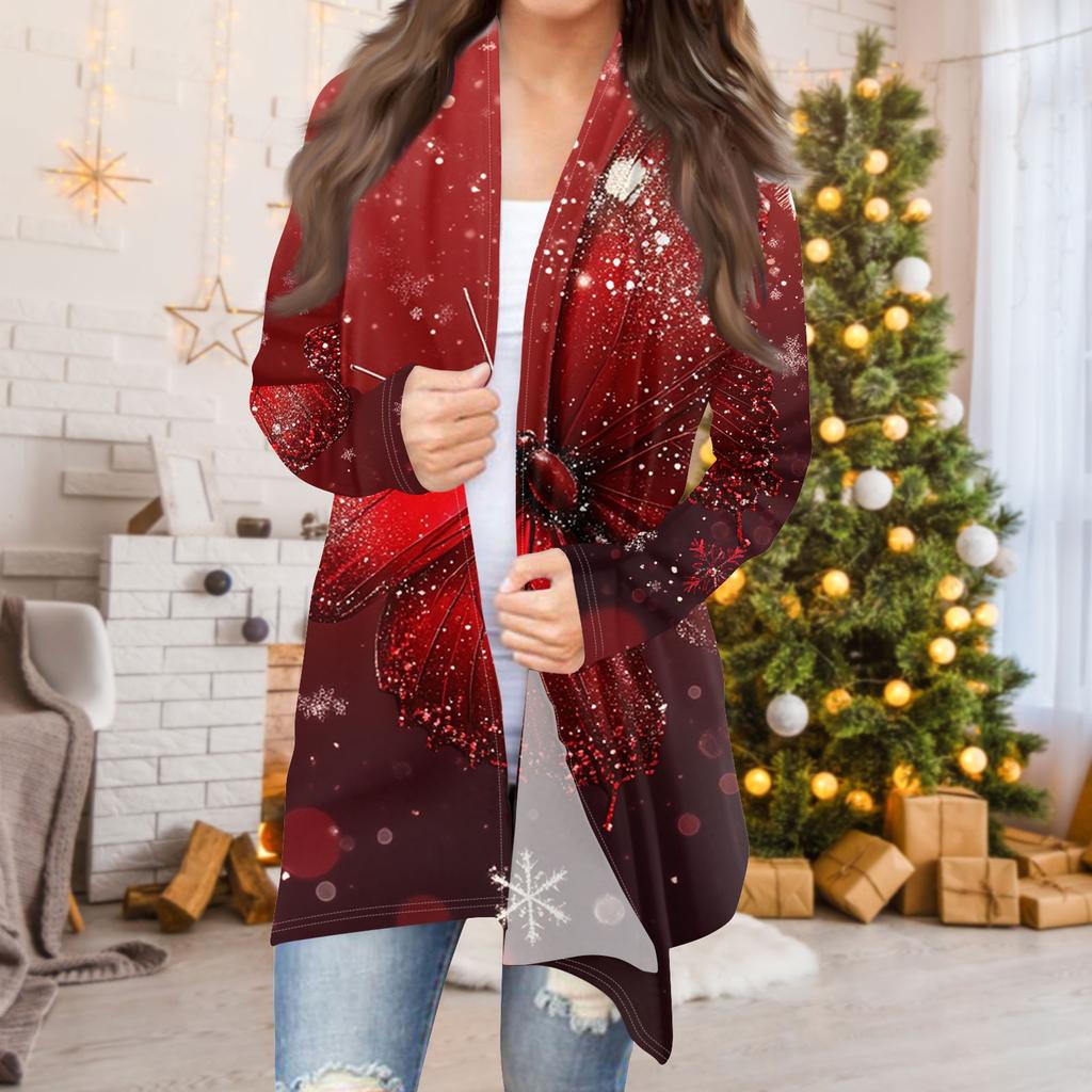 Dame Mote Casual Jul Print Medium Lengde Cardigan Jakke Kåpe