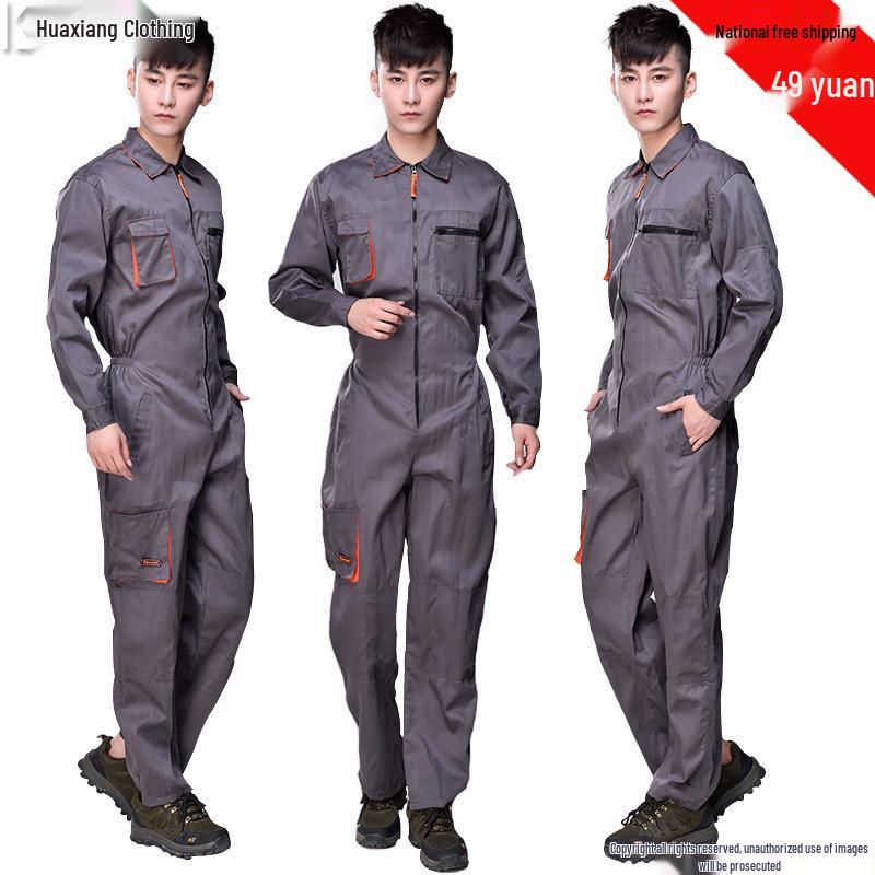 Korean-Style Gray Multi-Pocket Workwear Jumpsuit for Auto Repair and Labor Protection