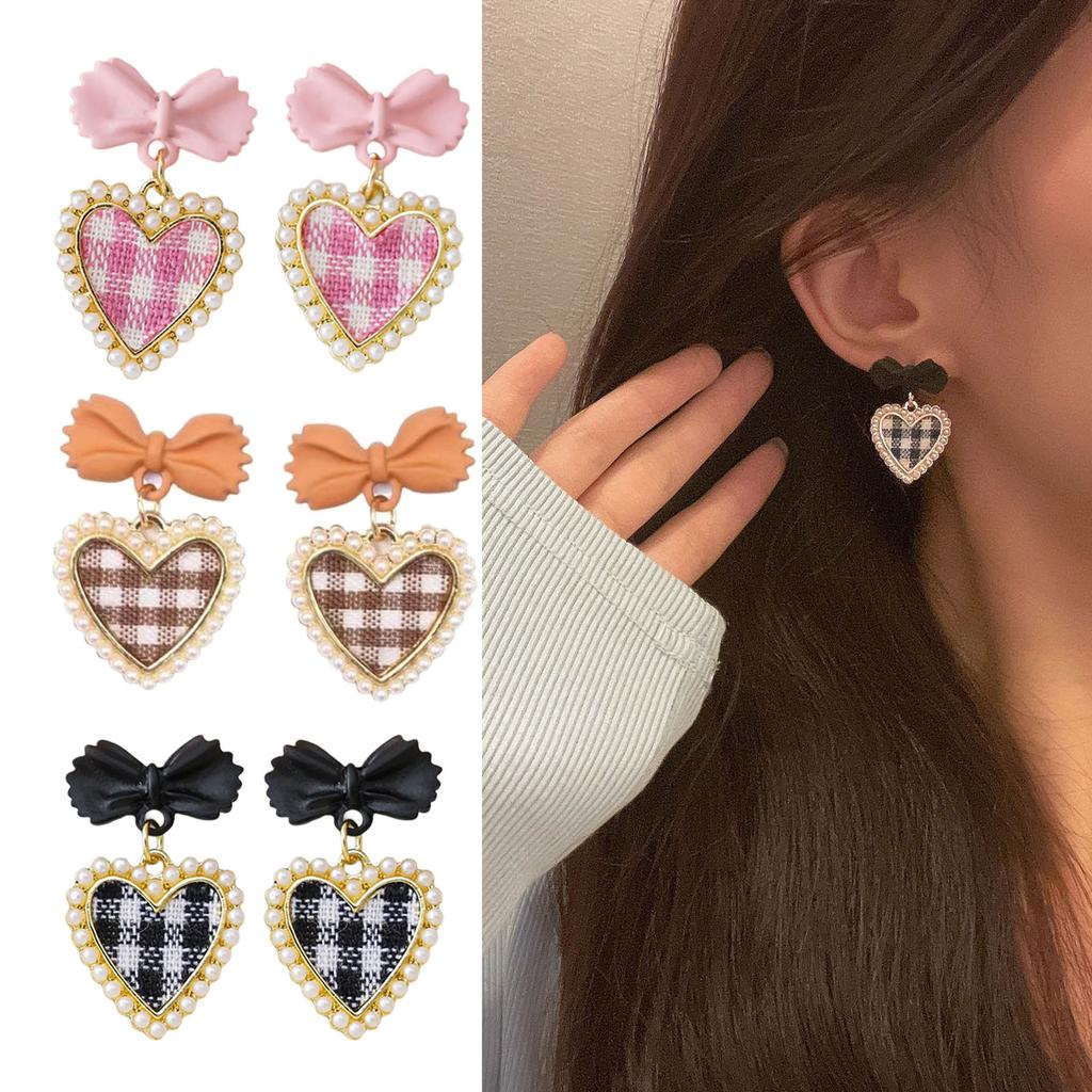 Trend Heart Dangle Earrings Handmade Hanging Love Grid Bowknot Earrings Ornament for Women Girls Wedding Party Jewelry