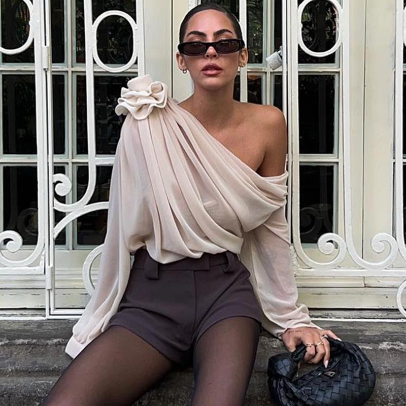 Trendy šifonový květinový síťovaný top s odhalenými rameny a dlouhým rukávem pro ženy