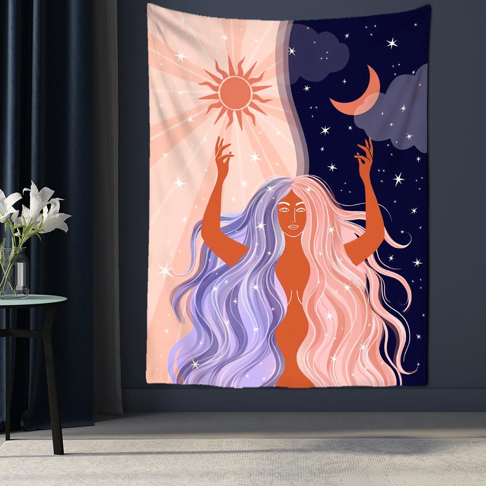 Arazzo da parete con ragazza indiana con fase lunare, stile bohémien, hippie, stregoneria, tarocchi, mandala, decorazione per la casa