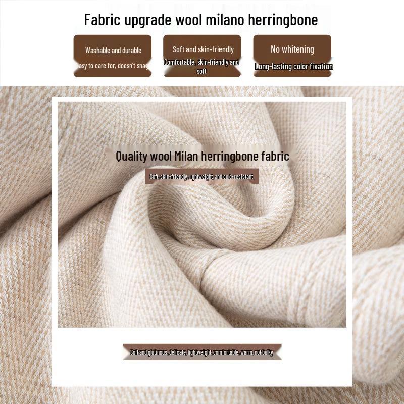 Women's High-Waist Woolen Pants - Fleece Lined, Wide-Leg, Slim Fit, Herringbone Pattern - Plus Size, Autumn/Winter 2024