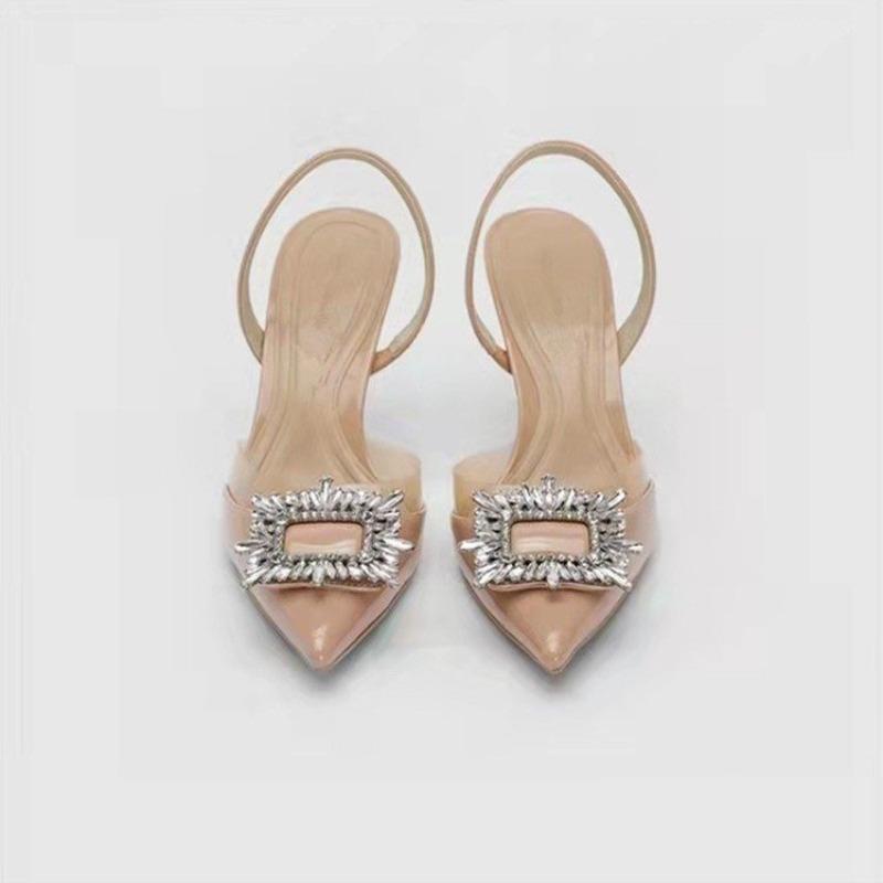 Fashion Brand Designer Silver High Heels Sandals Women 2025 Summer Crystal Square Buckle Sandals Woman Pointed Toe Slingbacks Party Shoe