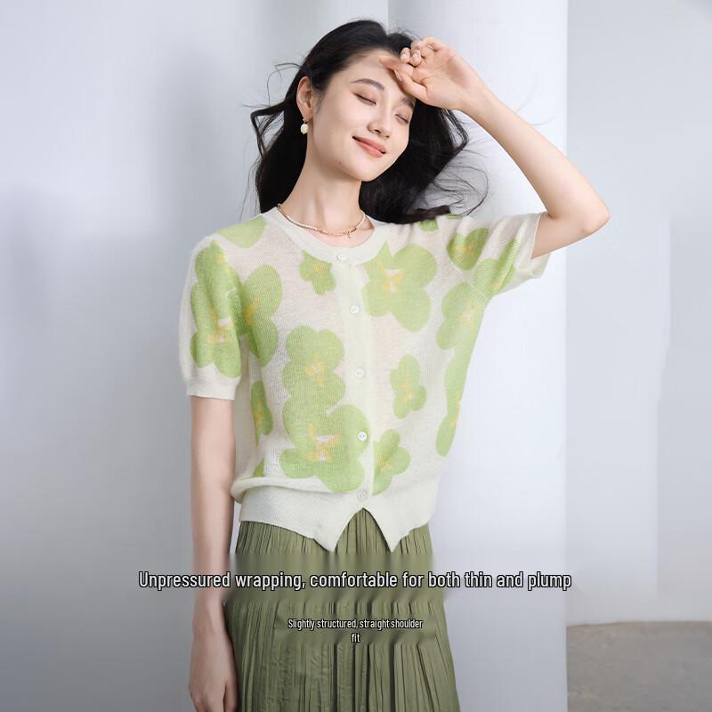 Xiangying Women s Green Floral Short Sleeve Knit Cardigan S