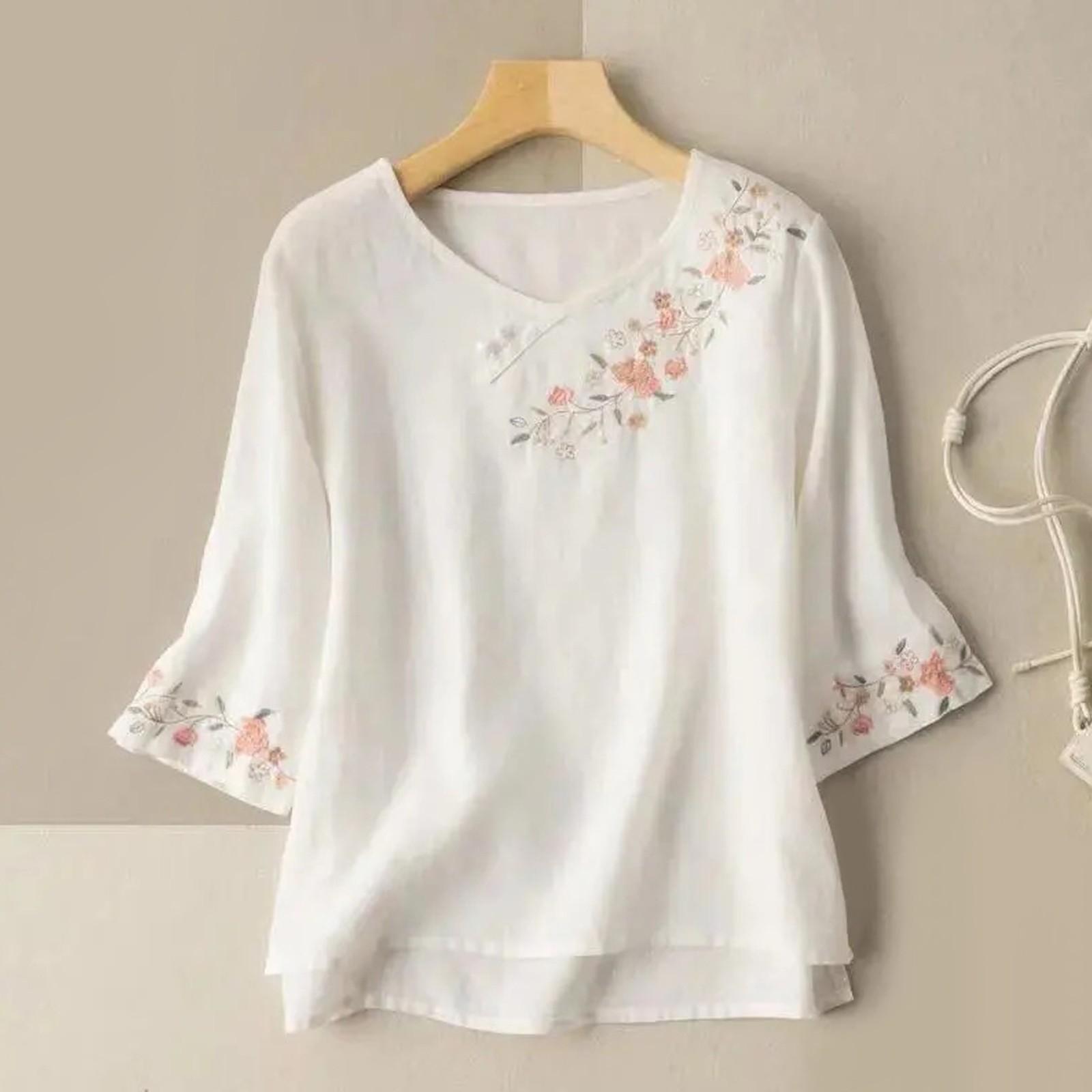 

Женская хлопково-льняная однотонная рубашка с рукавами 3/4, свободная блузка с круглым вырезом, пуловер, топ XXXL