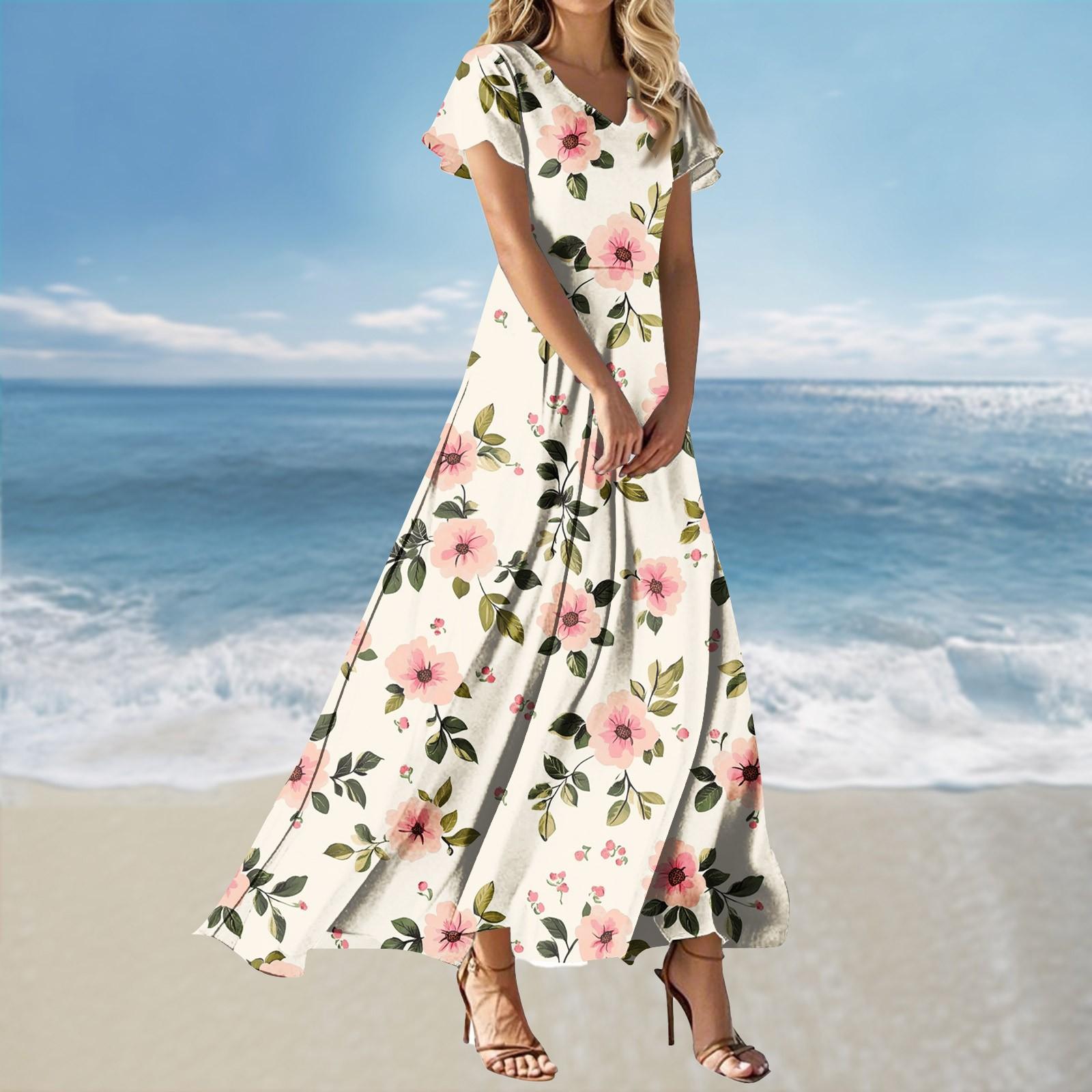 

Женское свободное повседневное платье с V-образным вырезом, короткими рукавами, завышенной талией и принтом L бежевый