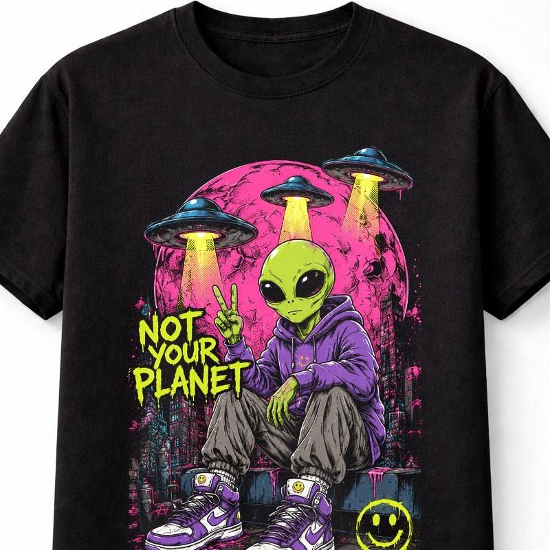 Non il Tuo Pianeta Alieno UFO Retro Sci Fi Grafica al Neon T-Shirt Unisex