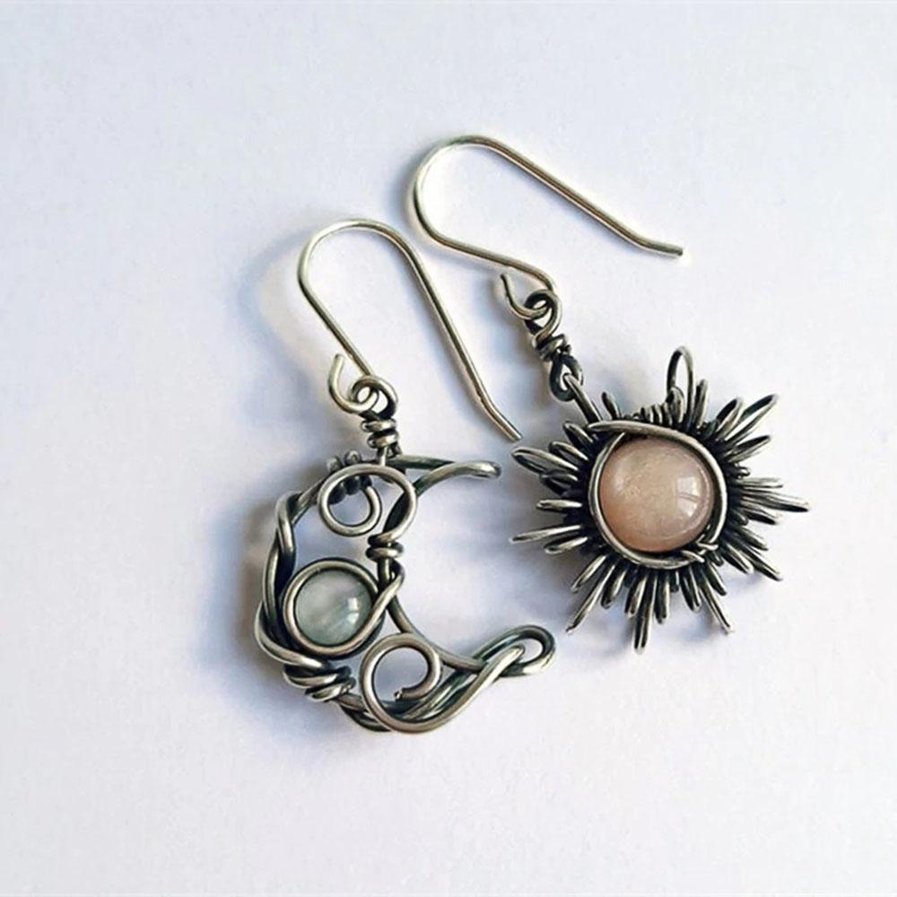 Boho Vintage Asymmetry Sun Moon Drop Earrings For Women Antique Silver Color Moonstone Dangle Earring Fashion Women Wedding Band