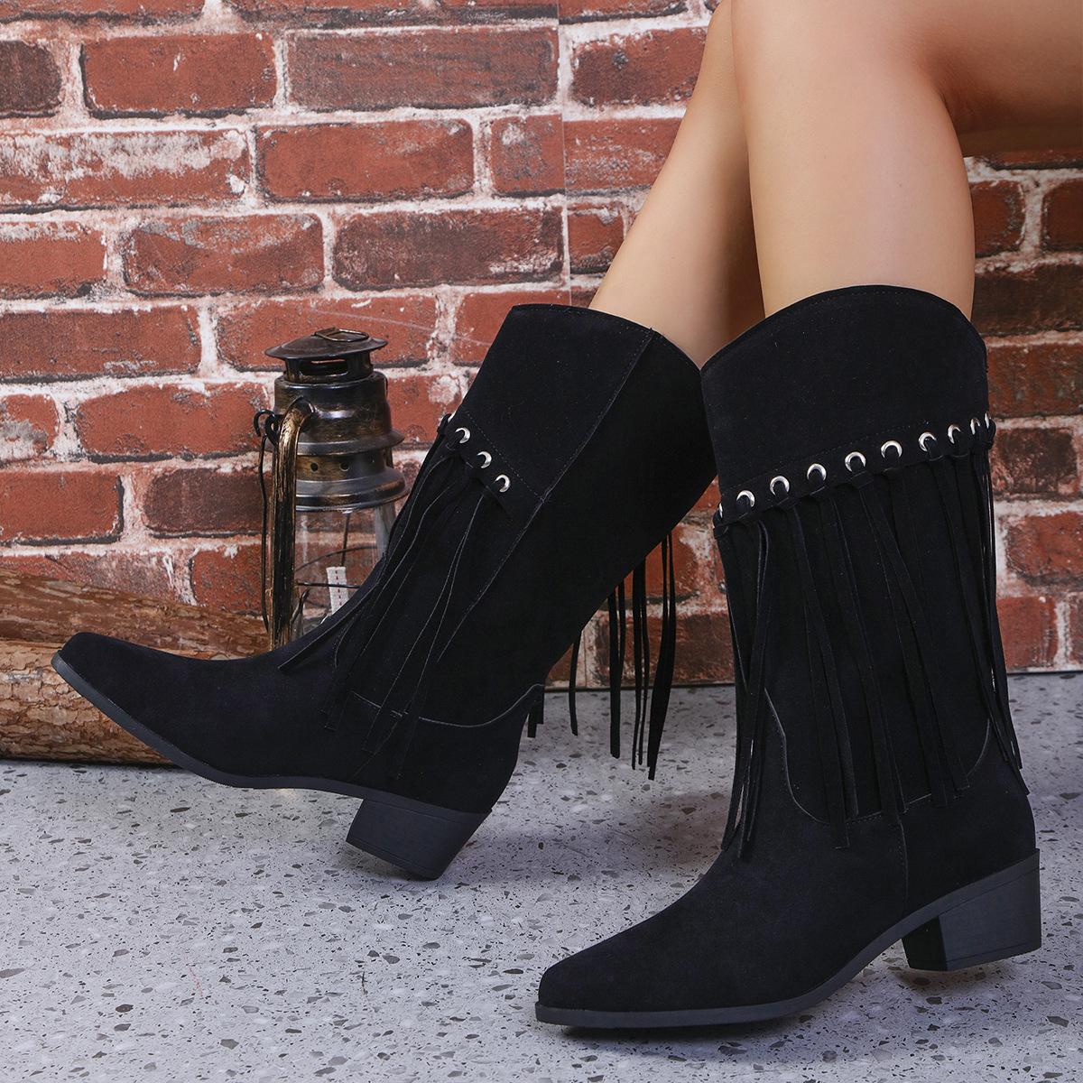 

Foreign trade large size square heel matte western cowboy boots 2024 autumn explosion design sense wear soft sole women s boots 43 чорний