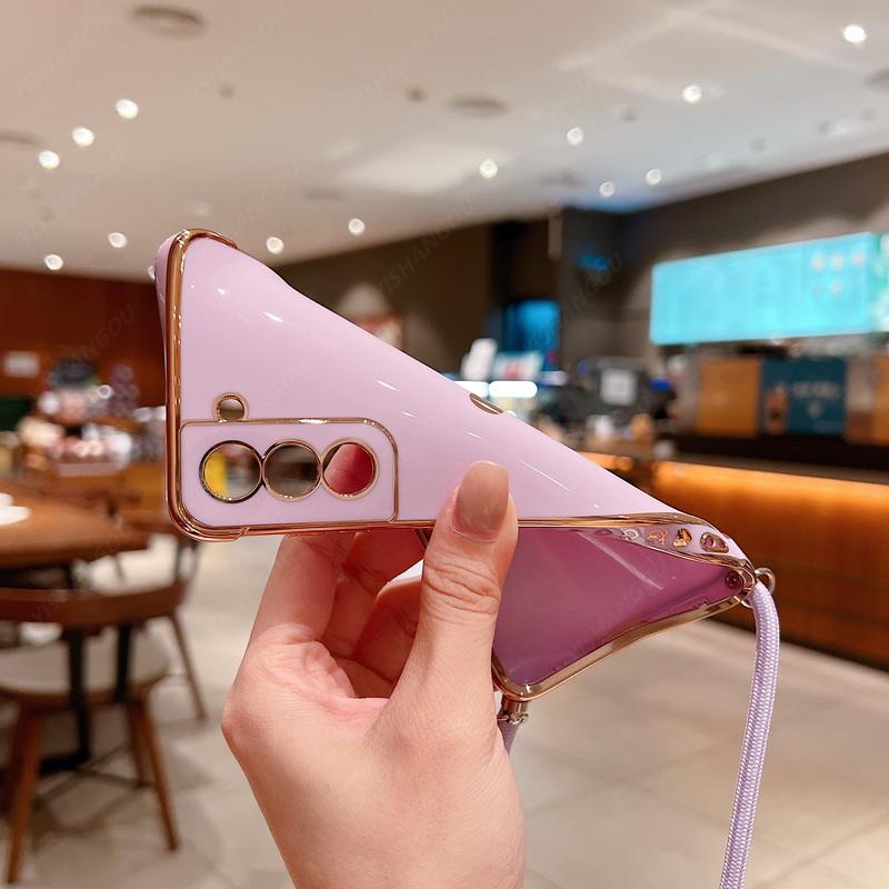 Crossbody Strap Cord Phone Case For Samsung Galaxy S25 S23 S24 Ultra S24 FE A35 A15 A16 A55 A54 5G Plating Heart Lanyard Cover