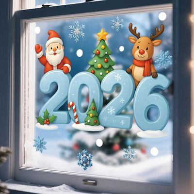 2026 Vianočné nálepky na okná Vzor Santa Clausa, snehovej vločky a soba Sklenené vianočné nálepky Sviatočná dekorácia