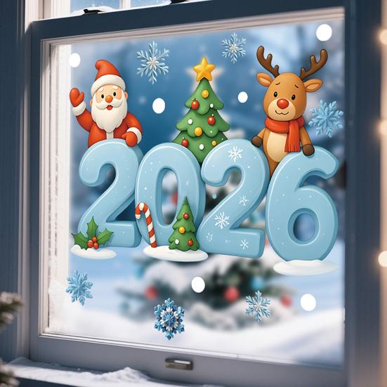 2026 Christmas Window Stickers Santa Claus Snowflake Reindeer Pattern Glass Xmas Decals Holiday Decor