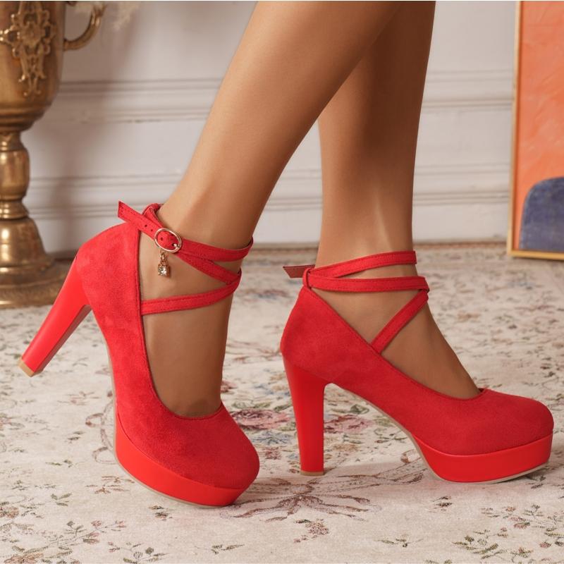 Red High Heels Mary Jane Shoes For Girls Platform Black Women's Pumps Fashion Ankle Strap Dance Party Wedding Shoes Female