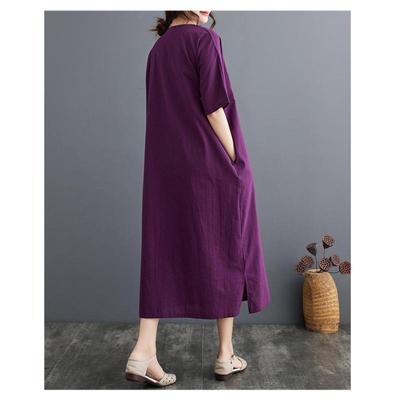 Summer New Cotton and Linen Artistic Retro Pullover Buckle Dress A-line Long Skirt