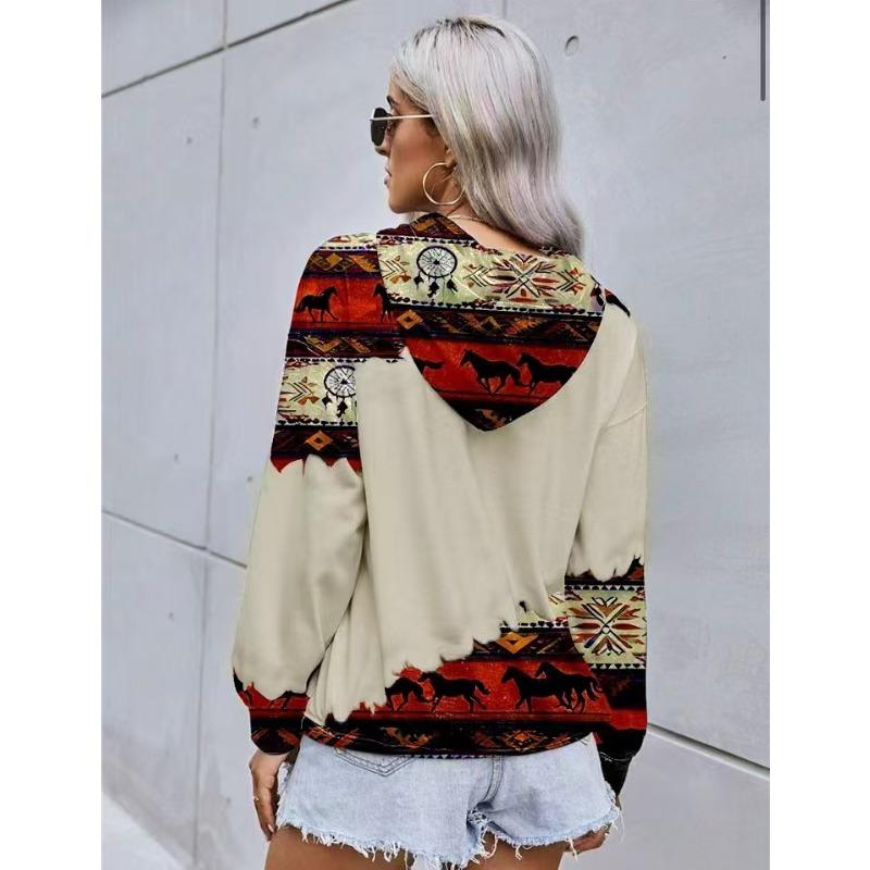 Women S Western Ethnic Printed Hooded Sweatshirt Casual Autumn Winter