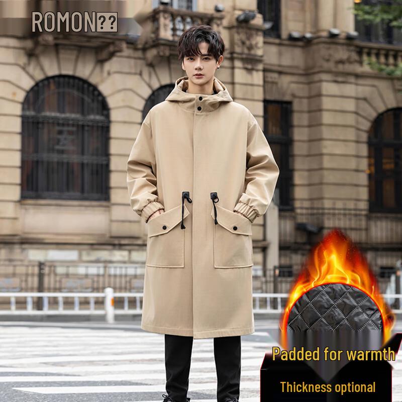 ROMON Men's Mid-length Hooded Trench Coat