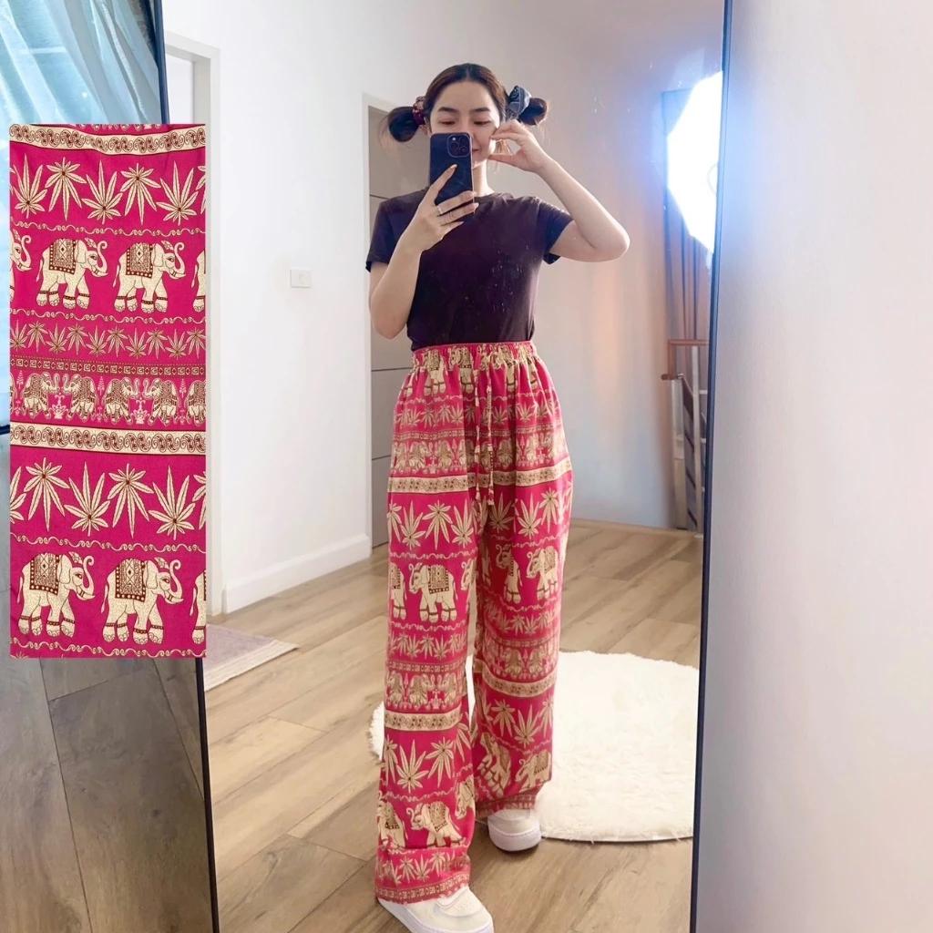 Elephant Pants Women Men Unisex Premium Japanese Silk Print Thailand Casual Streetwear Beach Bohemian Retro Vintage Adjustable Rope Loose Legs