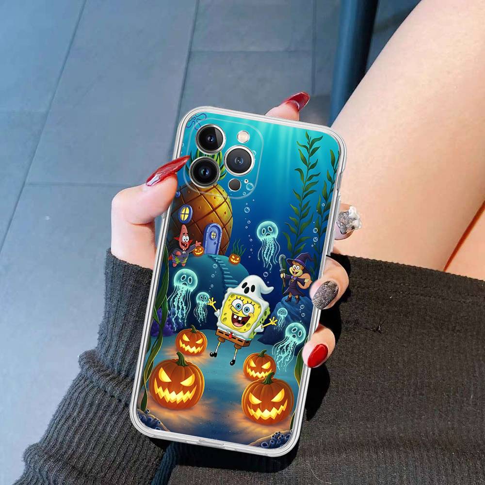 Cartoon Niedlich S-SpongeBob Anime Handyhülle Für IPhone 11 13 16 12 17 14 15 Pro Max Plus Weiche Klare Rückseite Hülle