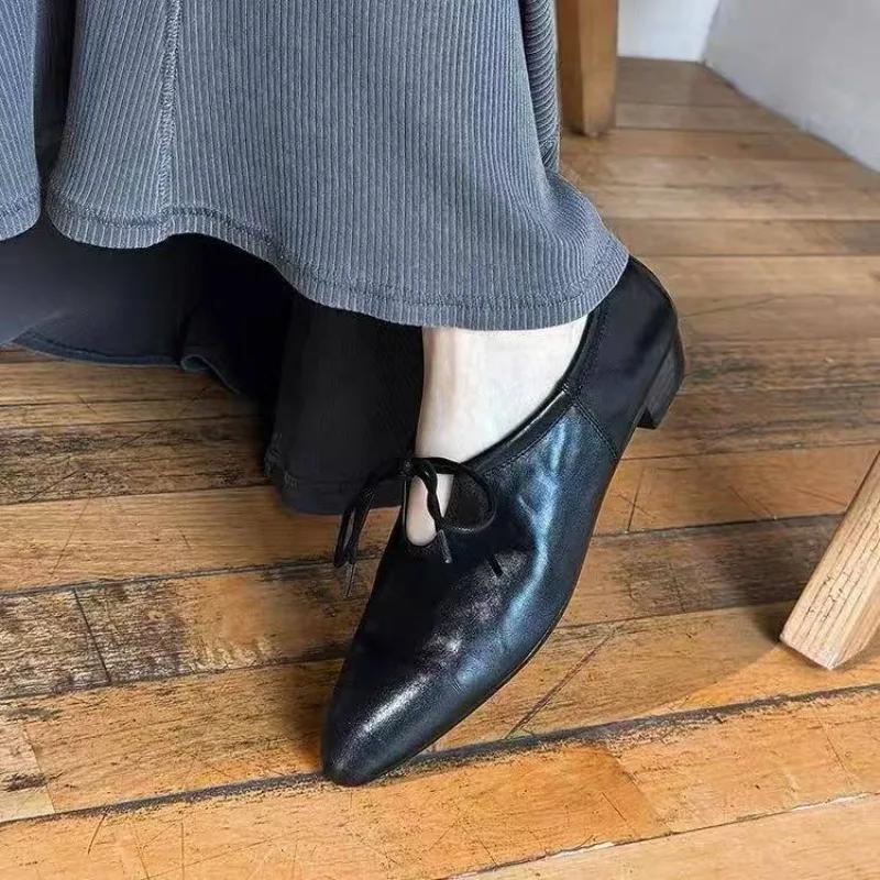 Fashion Women's Loafers Autumn Retro Pointed Toe Lace-Up Front Soft Sole Comfortable Block Heel Low Heel Small Leather Shoes