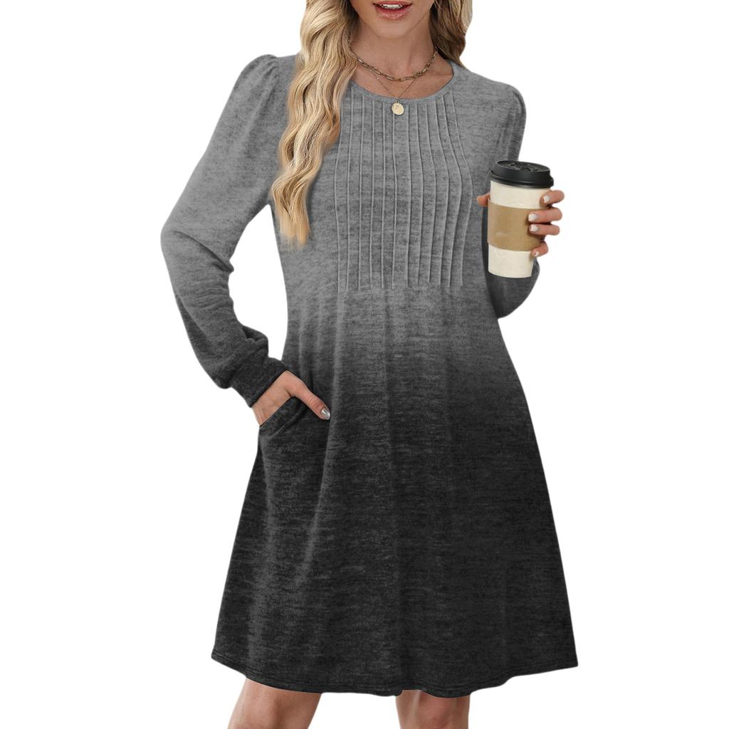 Women's Long Sleeve Pleated Round Neck Gradient Printed Casual Dress With Pockets