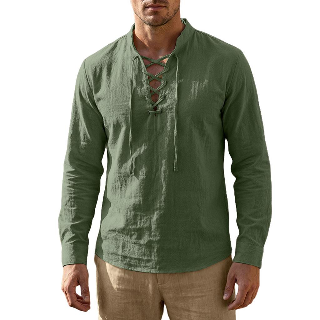 Herren Baumwoll-Leinen Kordelzugkragen Langarm Oberteil Herren Lässig Stilvolles Langarmhemd