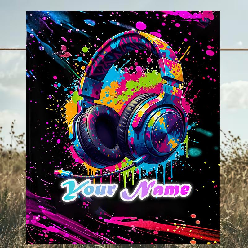 1PC Custom Name Music Headphones Artwork outdooor Flannel blankets Patterns Throw Blanket All-Season Soft Gift for Couch, Bed, Camping gifts