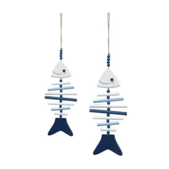 Wooden Hanging Fish Bone Decor Handmade Fish Skeleton Wall Art with Hemp Rope And Beads for Nautical Beach Theme Lake House Room Decor