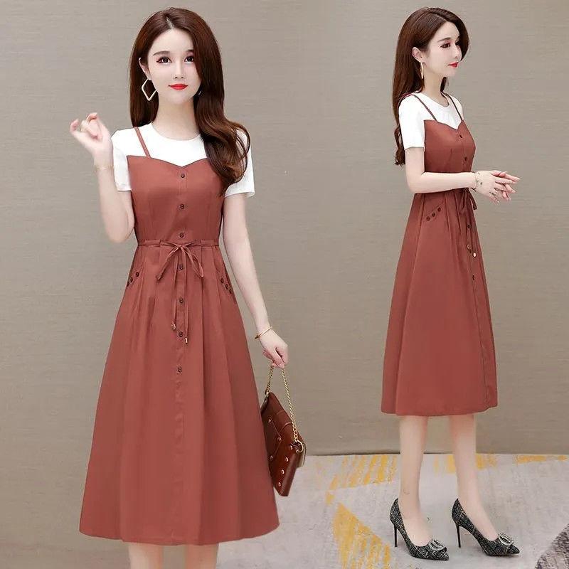 

Fake two-piece strap dress women s summer dress new fashion small temperament age-reducing and thin suspender skirt M