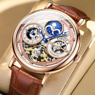 Módní ONOLA Pánské automatické mechanické hodinky Pánské nerezové kostrové náramkové hodinky Pánské hodinky s koženým řemínkem