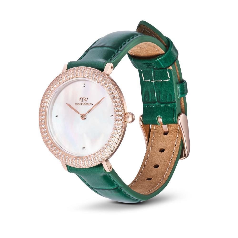 Danielwellingteon Crystalline Bezel Green Croc Women'S Leather Wristwatch
