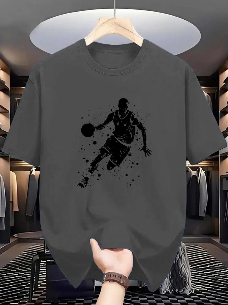 Geometric Pattern Men's Basketball Print T-Shirt - Knit Fabric, Comfortable Athletic Streetwear Top for Outdoor Summer Wear
