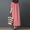 Summer New Literary Loose Splicing Cotton and Linen Plaid Round Neck Short-sleeved Dress Women's Medium and Long