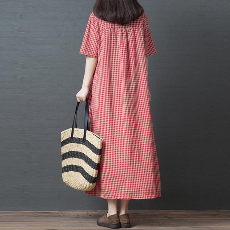 Summer New Literary Loose Splicing Cotton and Linen Plaid Round Neck Short-sleeved Dress Women's Medium and Long