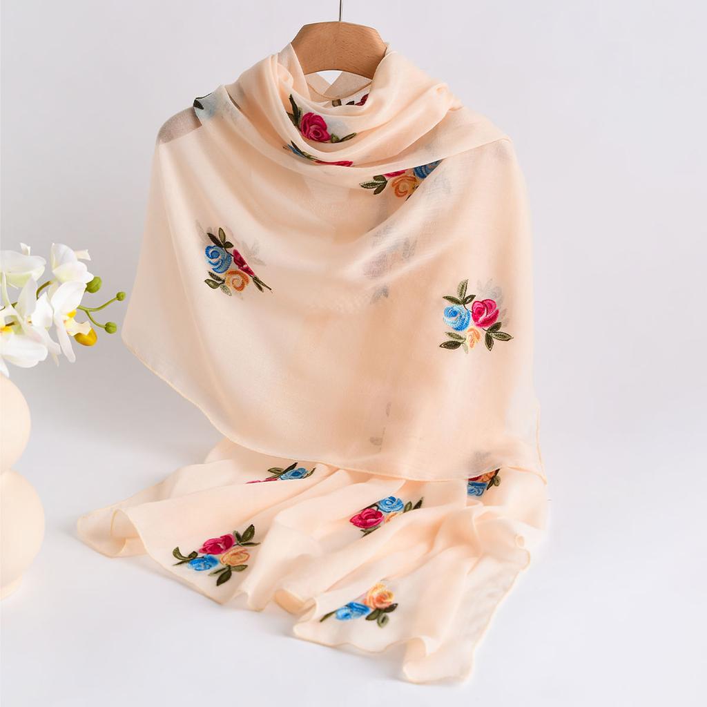 Latest Fashion Embroidery Floral Long Scarf Hijab Woman Shawl Summer Solid Color Wraps For Ladies Stole Headband