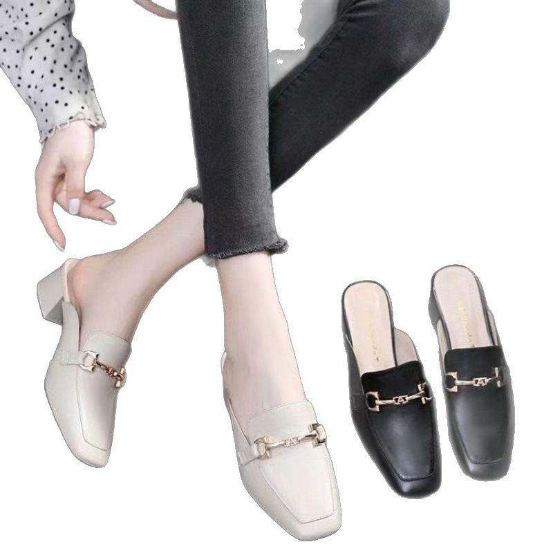 Soft Leather Bag Head Slippers Medium Heel Summer New Outer Wear Half Heel Single Shoes