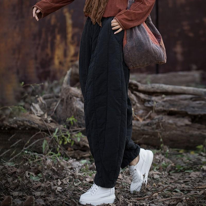 Johnature Women Plus Cotton Warm Winter Bloomers Pants Loose Pockets Vintage Thick Women Long Pants