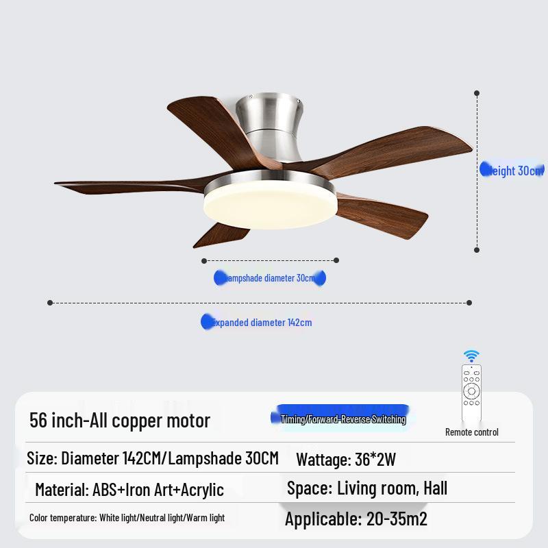 Walnut Retro Ceiling Fan Light with Straight Blades, Mid-Century Style for Bedroom or Restaurant