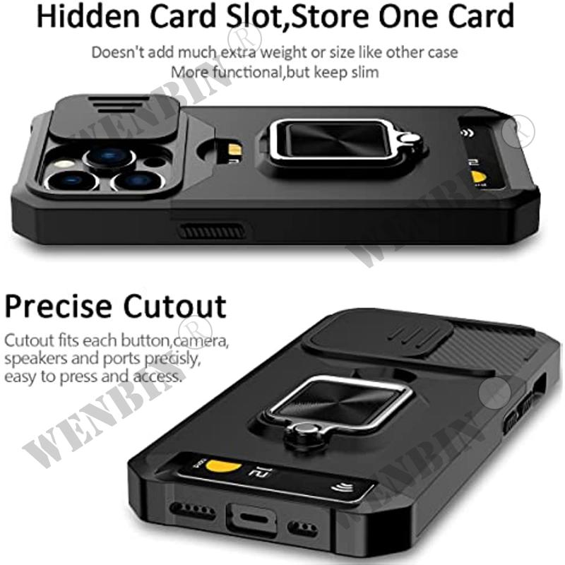 Hülle für IPhone 15 14 Pro Max 13 12 Pro Max 8 7 Plus Mini SE Schwerlastschutz mit verschiebbarer Kameraabdeckung und Kartenhalterabdeckung