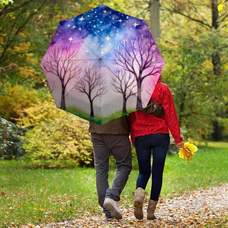 1pc night sky trees Automatic Folding Umbrella, Heavy Duty 8 Rib Iron Frame,  Suitable for Travel, Daily Use, Birthday, Decor Gift  04