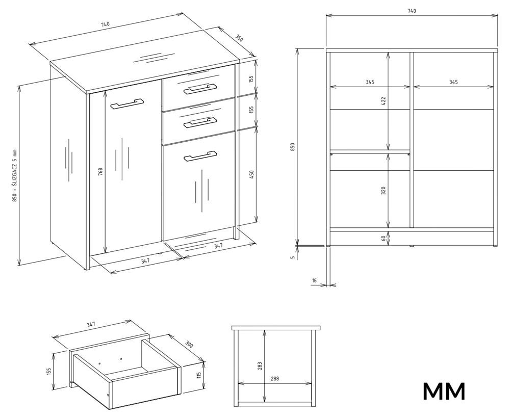 Komoda Simplo 2D2S Szafka 74 Cm 2 Drzwi 2 Szuflady Antracyt Dąb Artisan