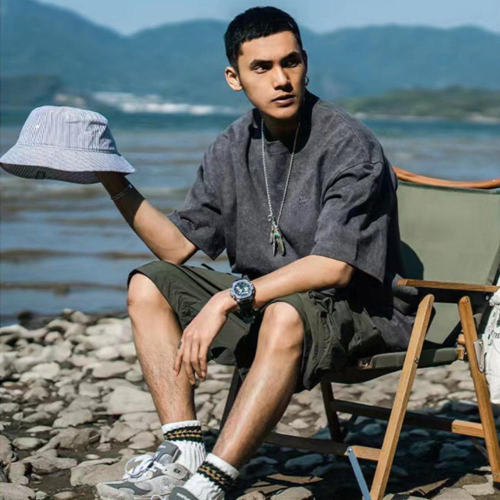 230G Praná Vintage Pánské Tričko s Krátkým Rukávem, Všestranné Jednobarevné Volného Střihu s Kulatým Výstřihem, Trendy Top Ins