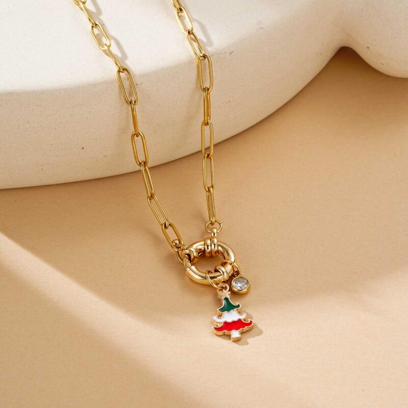 Christmas Stainless Steel Necklace Set - Santa Reindeer Snowman Pendants Lobster Clasp Adjustable Festive Jewelry Gift